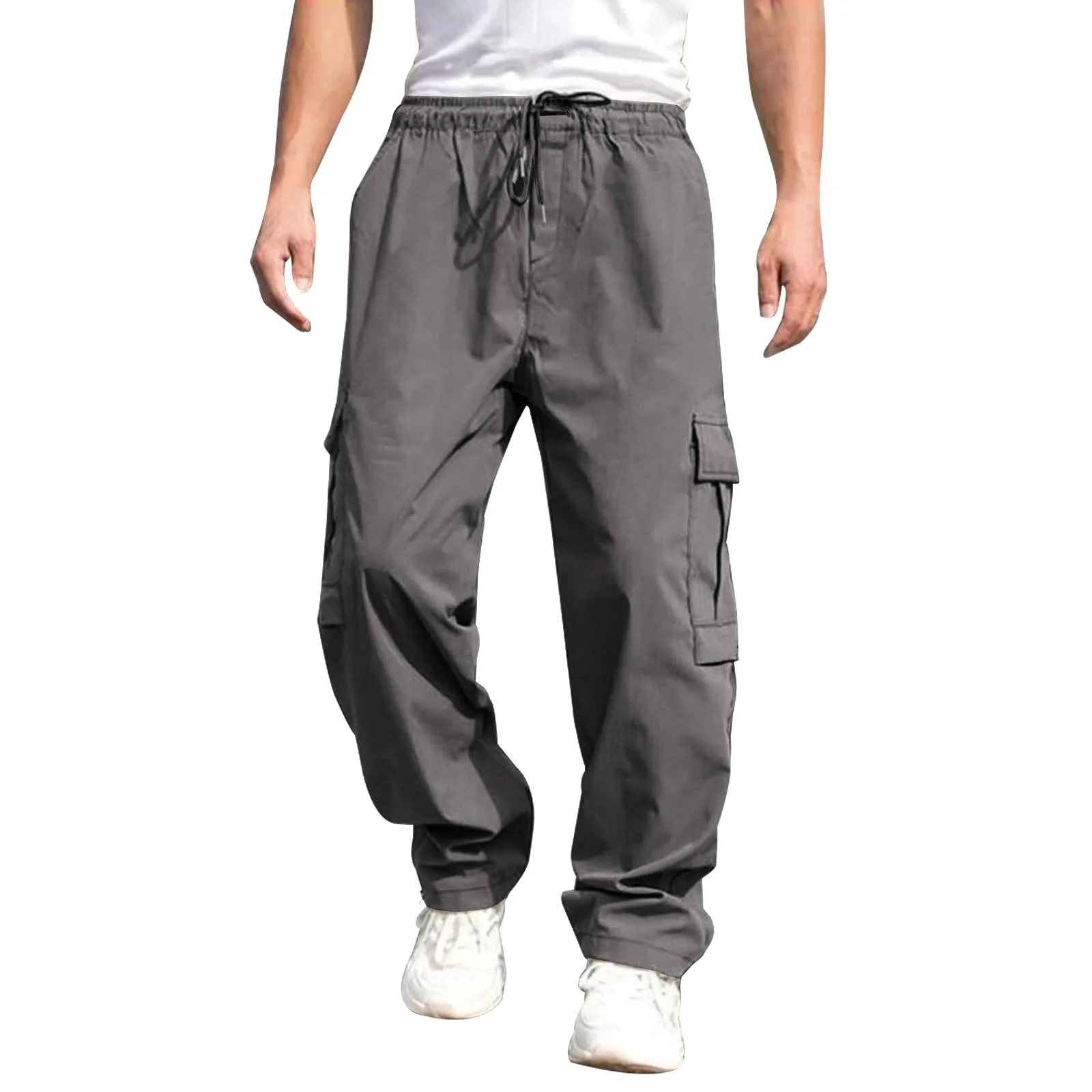 Men Summer Cargo Pants Elastic Waist Zip Pocket