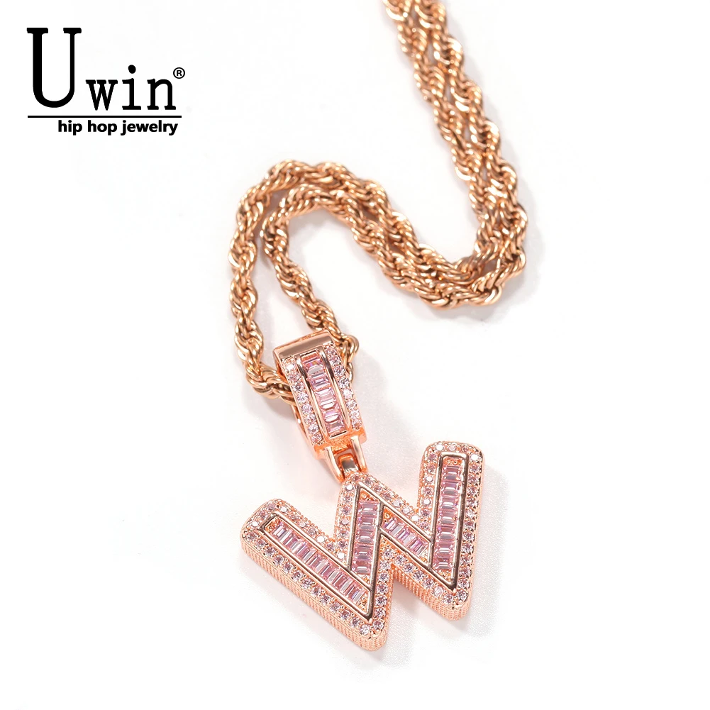 

Uwin Custom Pink Baguette Letters Necklaces&Small Name Pendant Cubic Zirconia Full Iced Out For Men HipHop Jewelry Gift