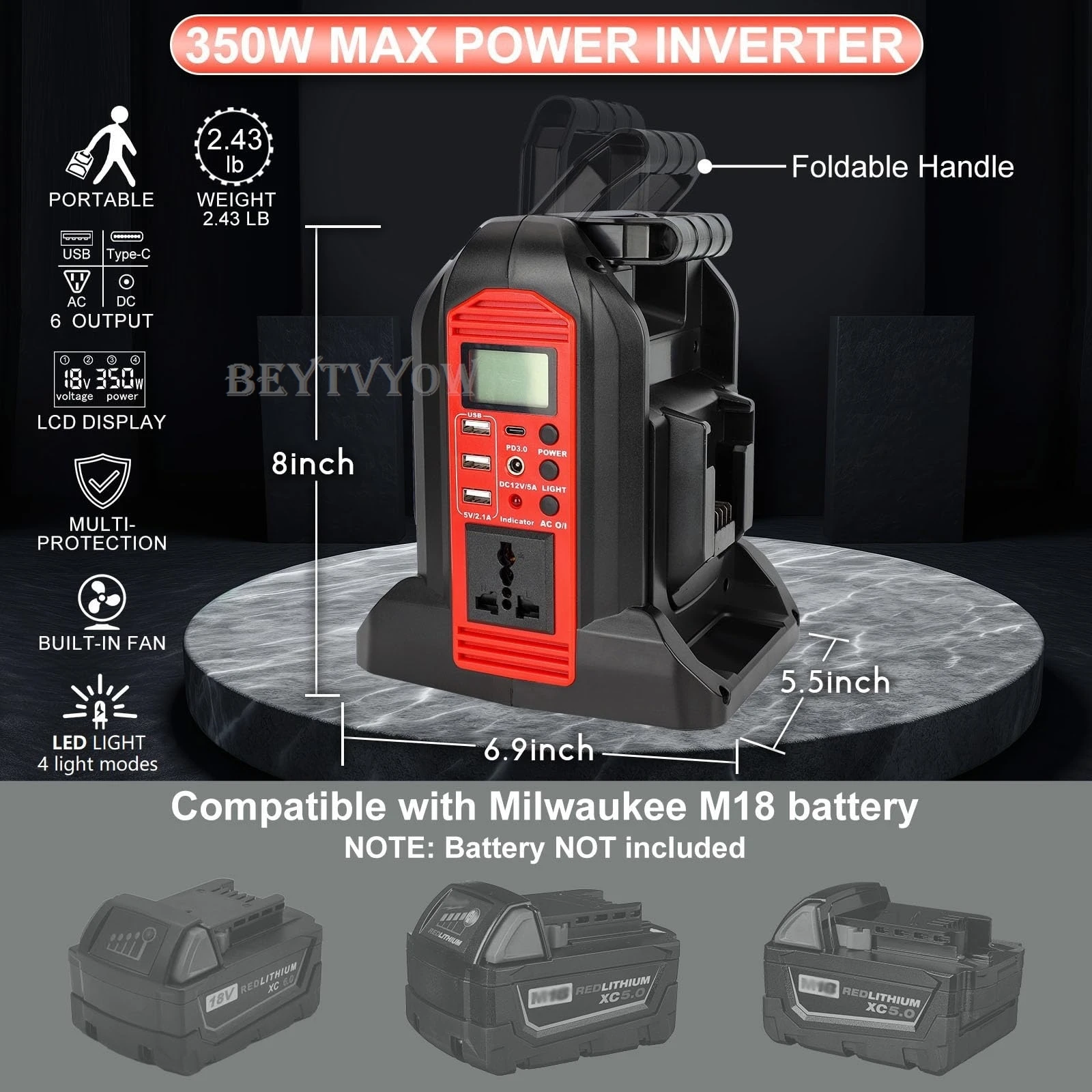 350W Pure Sine Wave Power Inverter for Milwaukee M18 18V Battery 2-Ports DC 18V