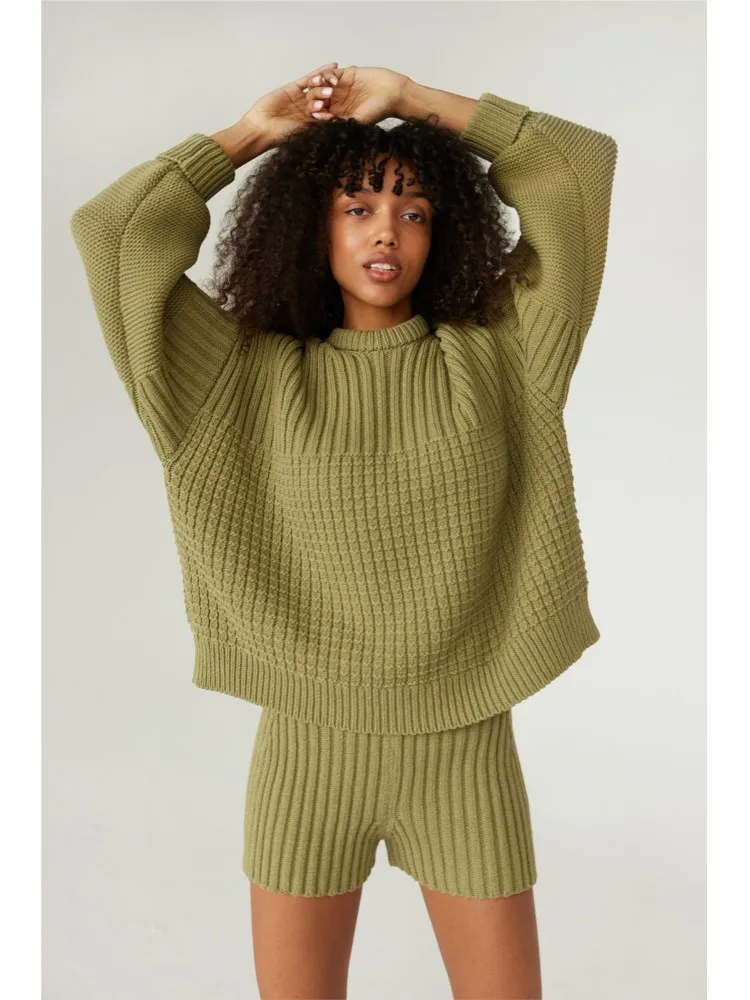 Trend Knitted Short Pants Sets Women Autumn Winter New Loose