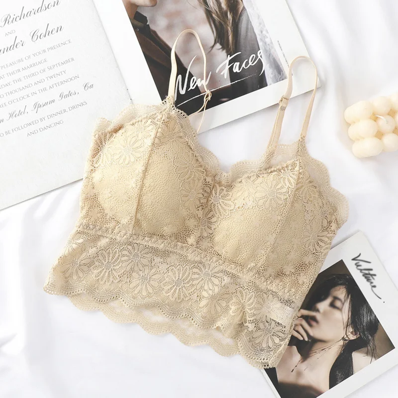 2021 Female Summer Crop Tank Top Women Fashion Deep V Lace Bras Embroidery Floral Tank Top Bra Wrapped Chest Camisole Padded Bra