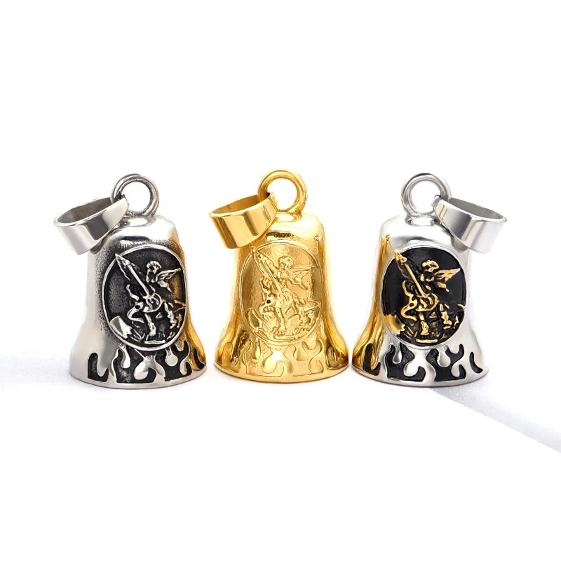 Punk 316L Stainless Steel Archangel St.Michael Guardian Bell Gold Color Black Plated Pendant 3