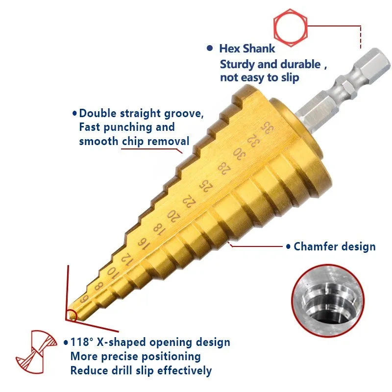 XCAN Step Drill Bit 1 Piece 3-13 4-22 6-35mm  Hex Shank High Speed Steel Hole Cutter Set P6M5 Metal Drill Drilling Tools