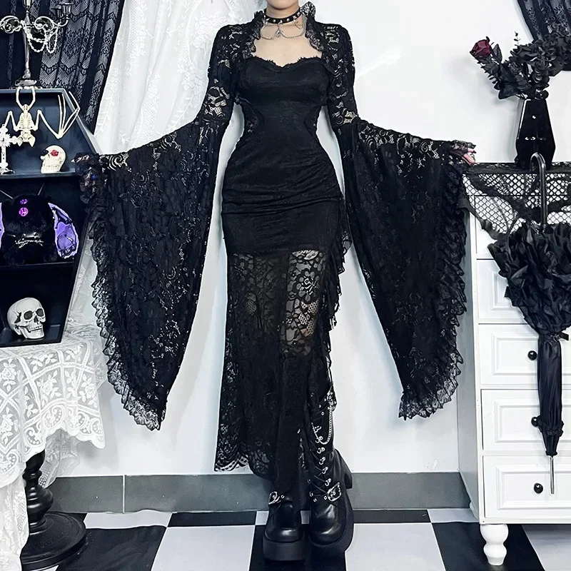 Gothic Classic Lace Cover Ups Women Mesh Crop Top See Through Sexy Flare Sleeve Blouse Y2k Black Rave Outfit Festival 1