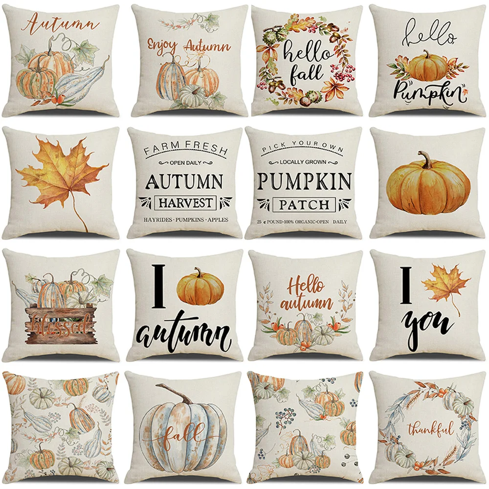 

Thanksgiving Decorative Cushion Cover 18x18 Inches Fall Farmhouse Decor Pillow Covers Letter Pumpkin Maple Leaves Art Pillowcase