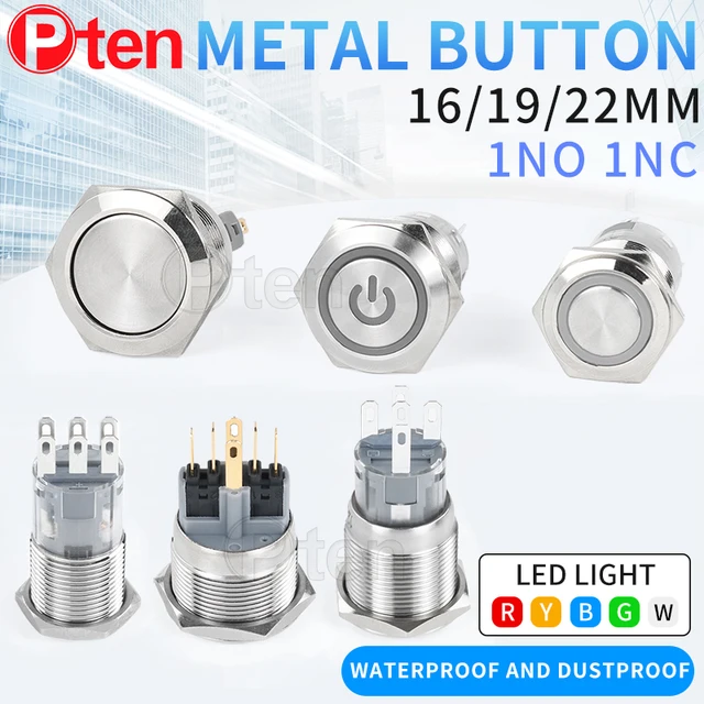 1NO1NC 16/19/22mm Waterproof Metal Push Button Switch LED Light Momentary Car Engine Power Switch 3/6/12/24/220V silver 2NO2NC