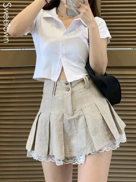 Короткая юбка цвета хаки с кружевной отделкой и завышенной талией 1
