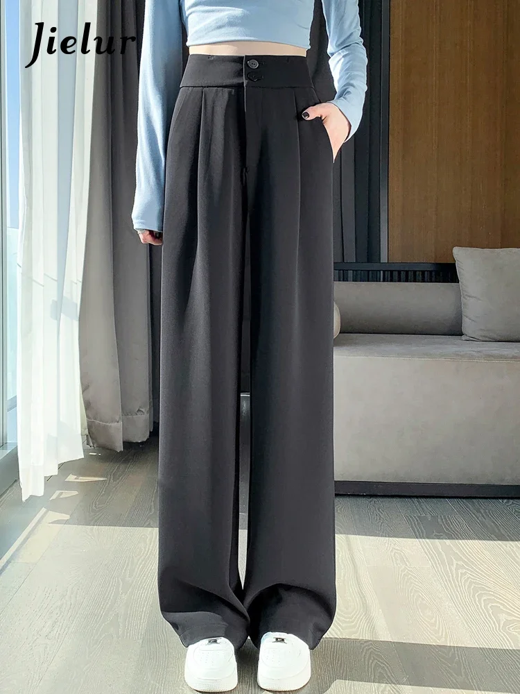 Jielur Summer Loose Suit Pants High Waist Slim Straight Women’s Wide Leg Pants Solid Color Double Buttons Simple Female Trousers three buttons splicing high waist pencil jeans women 2023 fashion commuter hip lift denim pants female slim fit stretch trousers