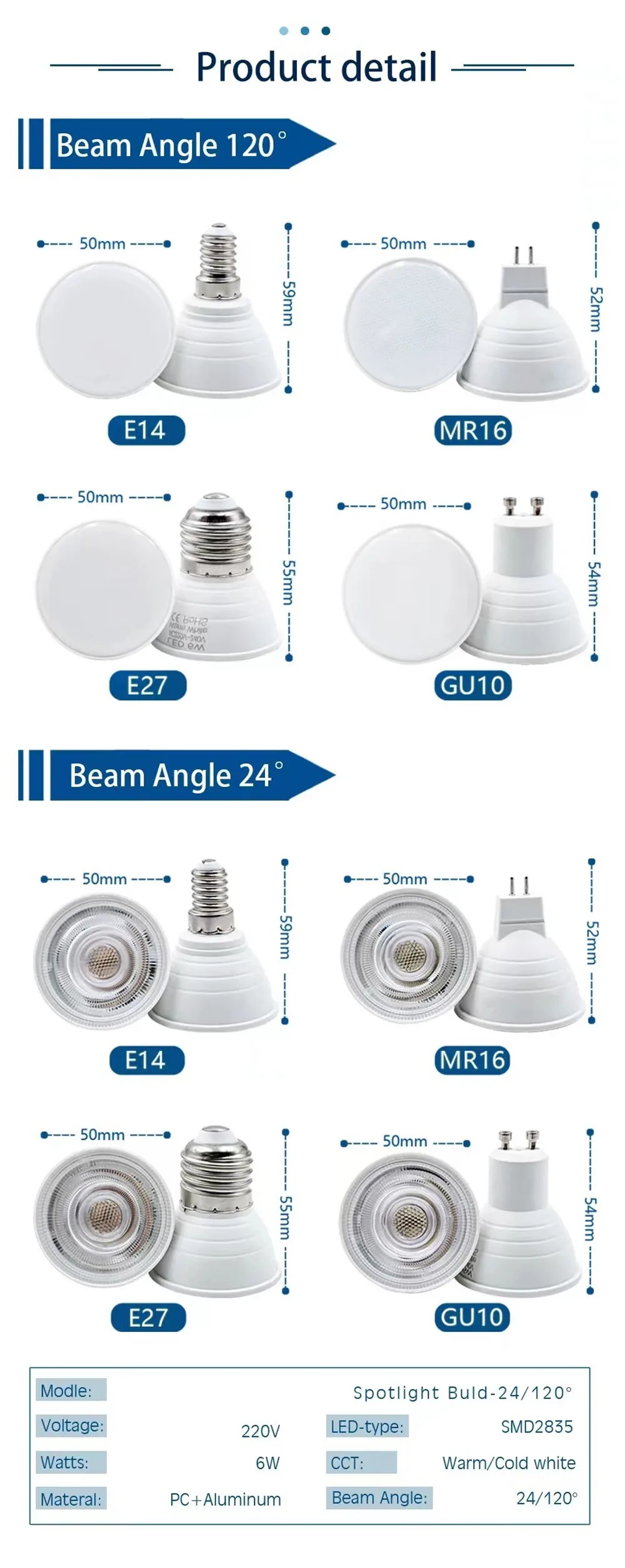Description Picture 3 of itemZHMZH LED Lamp Cup Bombillas LED Lighting Corn Bulbs E27 E14 MR16 GU10 48 LEDs AC220V 6W 2835 Chip SMD Warm White&White