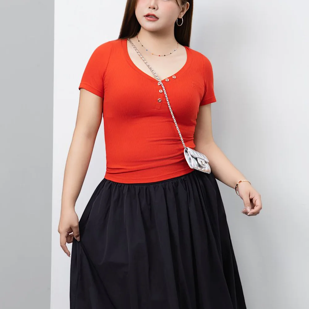 American Hot Girl V-neck slim-fit Embroidered Top Premium short-sleeved T-shirt For Plus Size Women 9261