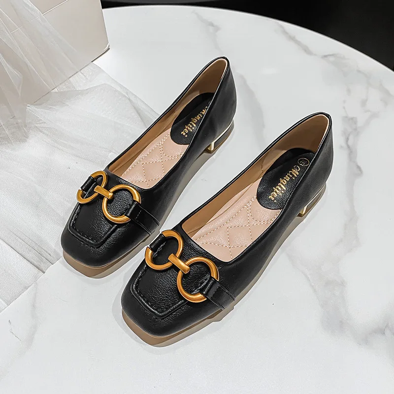 Plus Size 35-43 Women Low Heel Pumps Shoes Metal Buckle Decoration Flats Office Lady Slip on Leaher Loafers Spring Fashion M6-6