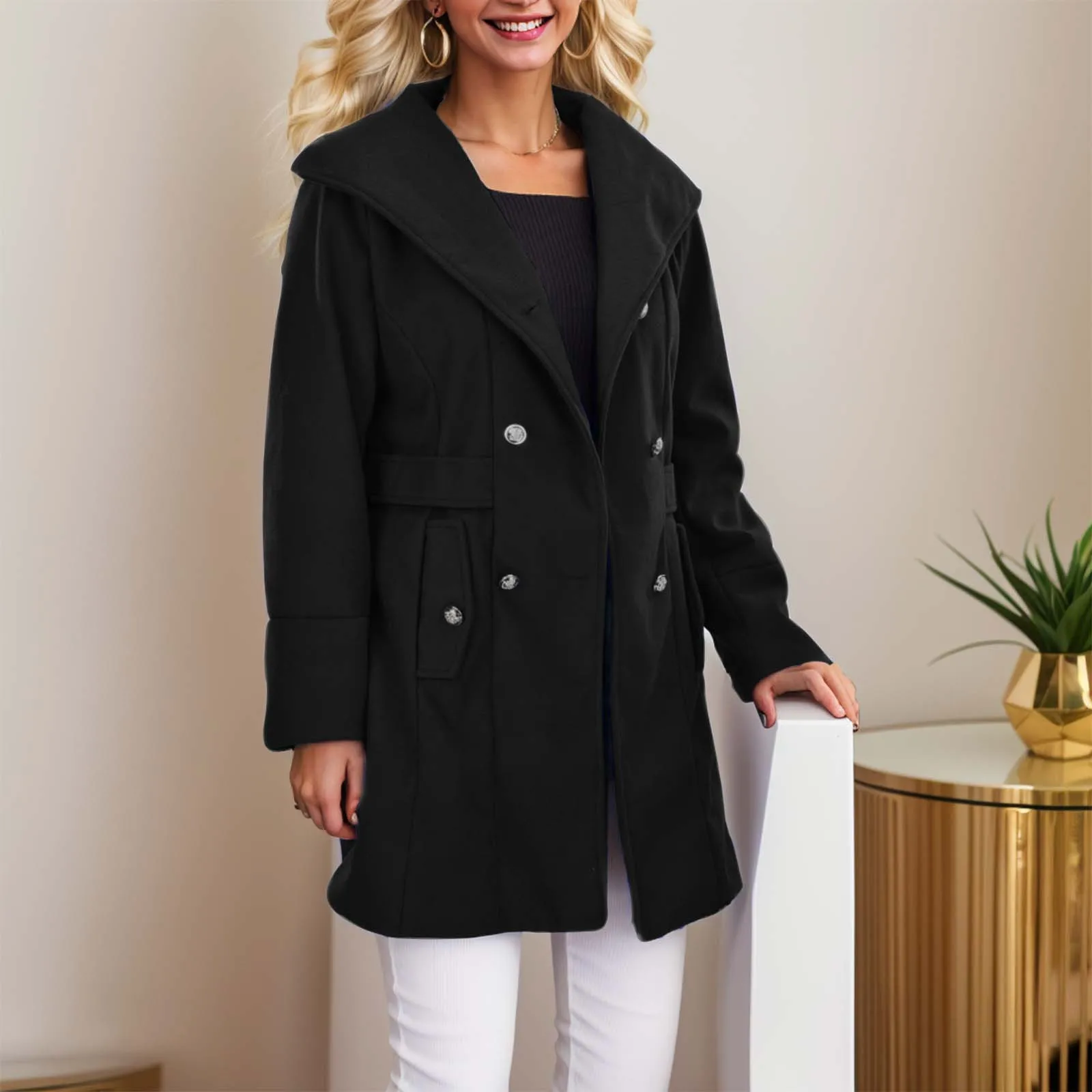 

Petty Coats Women Women's Solid Color Double Breasted Wool Coat With Elegant Waist Belt