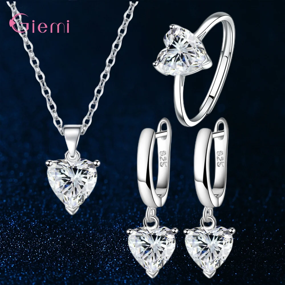 Elegant 925 Silver Jewelry Set with Shiny Crystals - Necklace, Earrings, and Ring