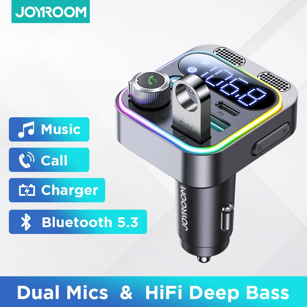 

Joyroom Bluetooth 5.3 FM Transmitter for Car Stronger Dual Mics Deep Bass Sound 48W PD&QC3.0 Fast Car Charger Bluetooth Adapter