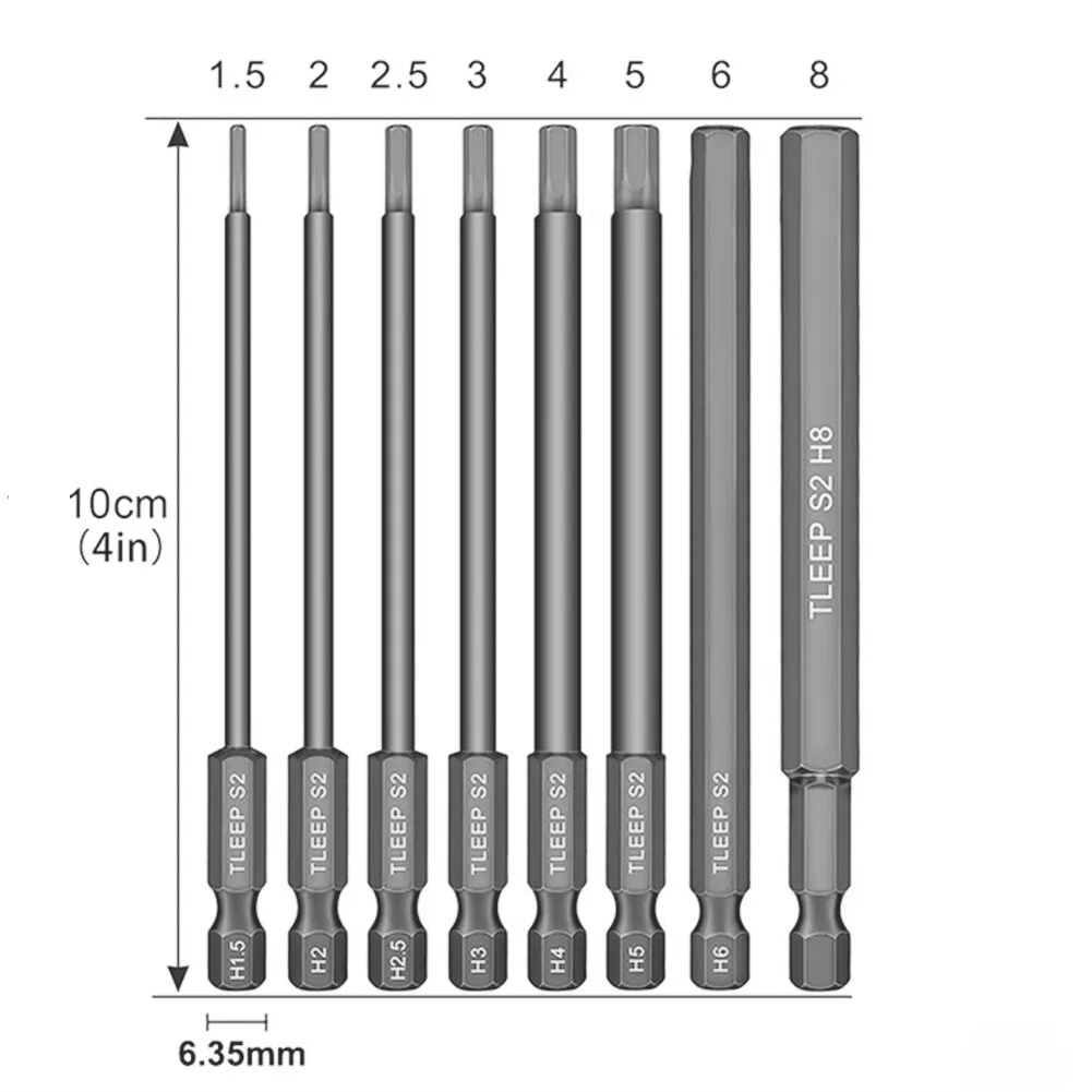 8pcs 100mm Hex Head Allen Wrench Drill Bits Set Magnetic Bit 1/4