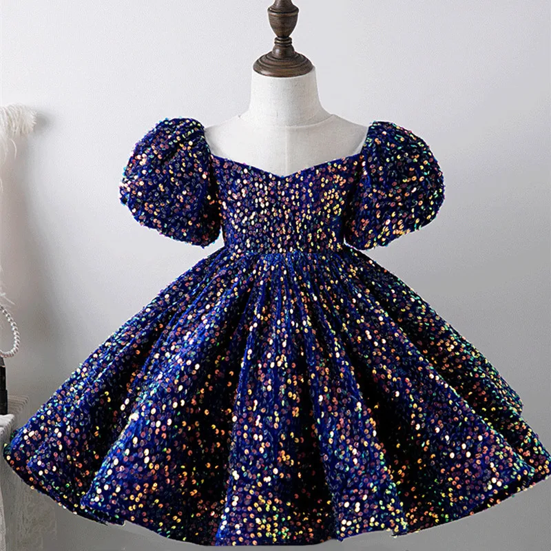 

Girls Dress Sequin Puff Sleeves Baby Kids Clothes Children Kids Clothing Lace Kids Girl Wedding Evening Gowns Party Dresses