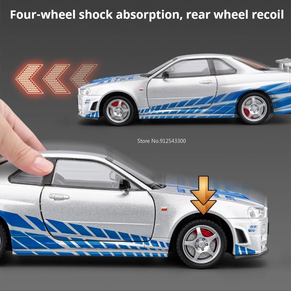1:24 스케일 GTR-R34 스포츠카 모형 장난감 금속 다이캐스트 사운드 라이트 모델 풀백 충격 흡수 자동차 침실 장식