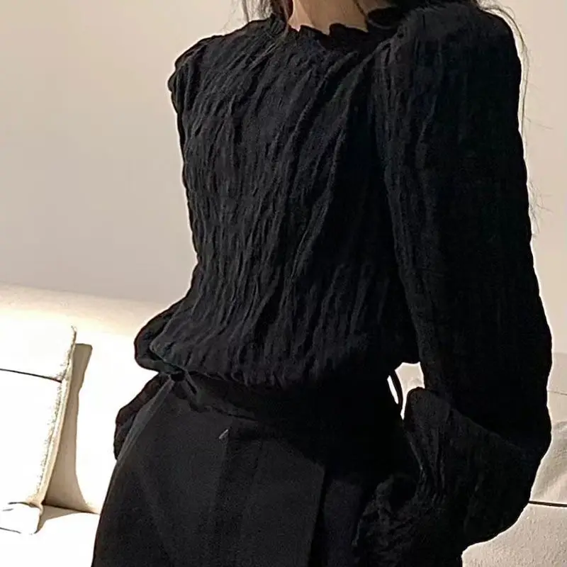 QWEEK Black Shirts Women Long Sleeve Vintage Korean Fashion Pleated Chic and Elegant Blouses Oversized Harajuku Alt Aesthetic