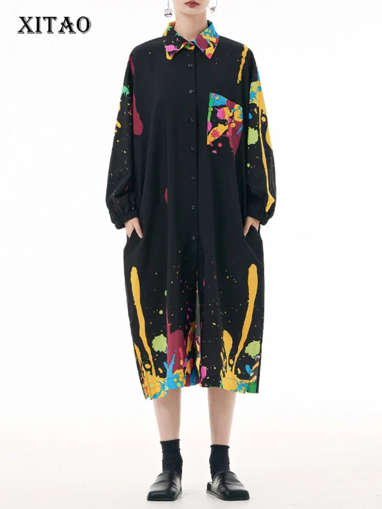 

XITAO Повседневное платье-рубашка с длинным рукавом, свободное модное, простое, контрастное, цветное, с принтом, с отложным воротником, для женщин, осень, новинка DMJ2731