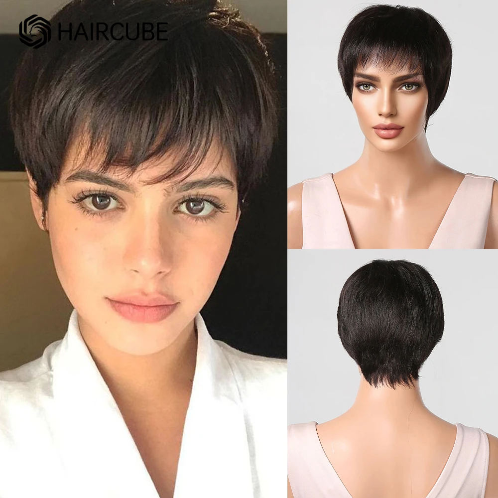 Black Wigs Pixie Cut Real Human Hair Short Straight Wig with Bang Dark Brown Layered Haircut Human Hair Wigs for Women Female