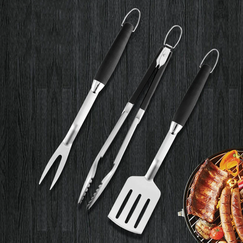 BBQ Grilling Tools Set Plastic Handle Stainless Steel Combination Barbecue Fork Shovel Clip Three Sets of Accessories