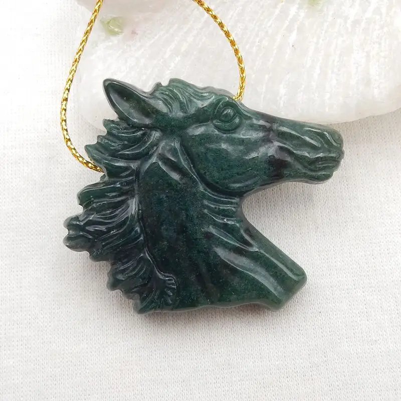 Semiprecious Customized Jewelry Natural Stone Moss Agate Handmade Carved Horse Head Pendant Bead 42x39x10mm 25g