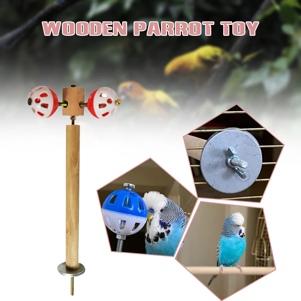 Parrots Bell Toy with Long Wooden Handle Colorful Hollow Ball Bird Toy