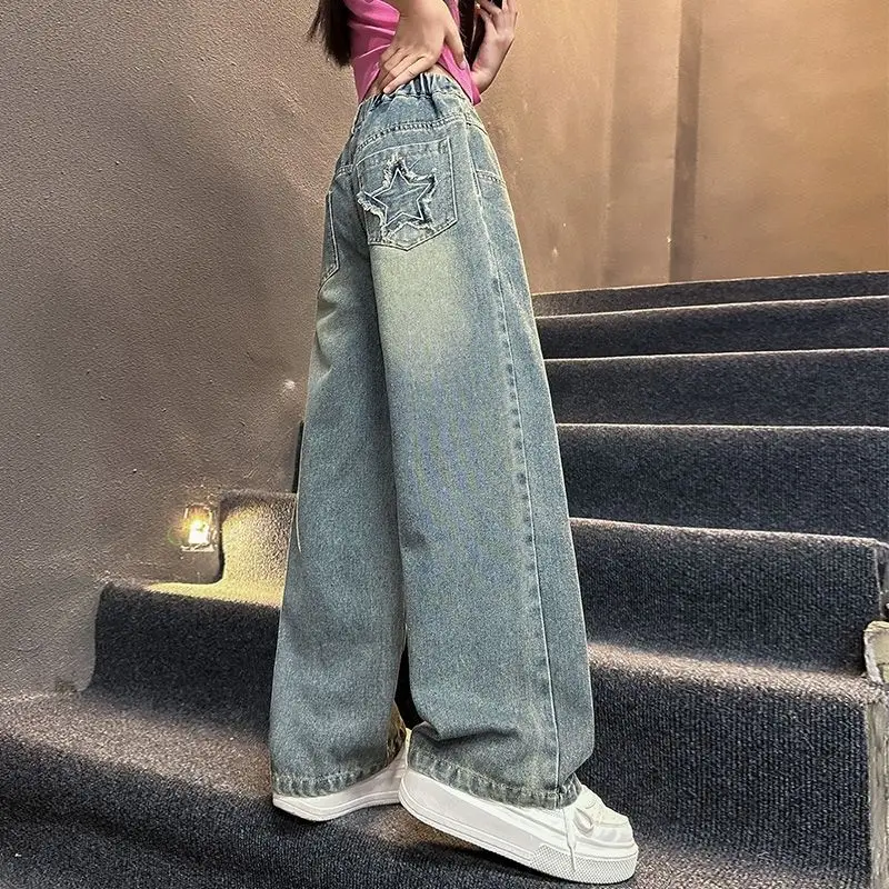 بنطلون جينز واسع الساق للفتيات لفصلي الربيع والخريف، خصر مرتفع، سروال طويل، ملابس أطفال، بنطلون دنيم للأطفال، نمط الزي المدرسي