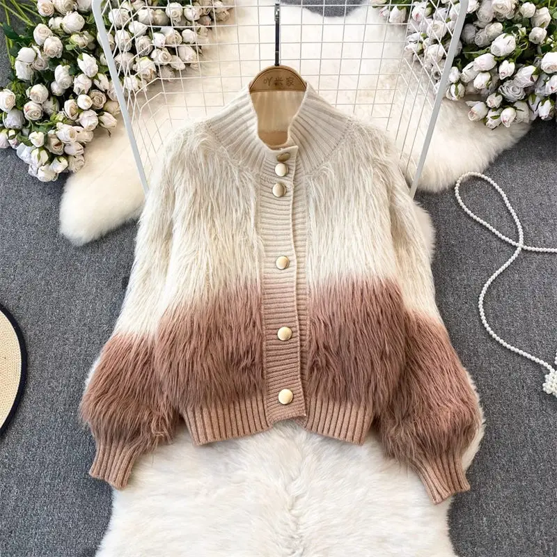 

Lazy Style Imitation Mink Plush Sweater Jacket For Women's Autumn Winter Fashion Hit Color Half High Neck Knitted Cardigan Z4324