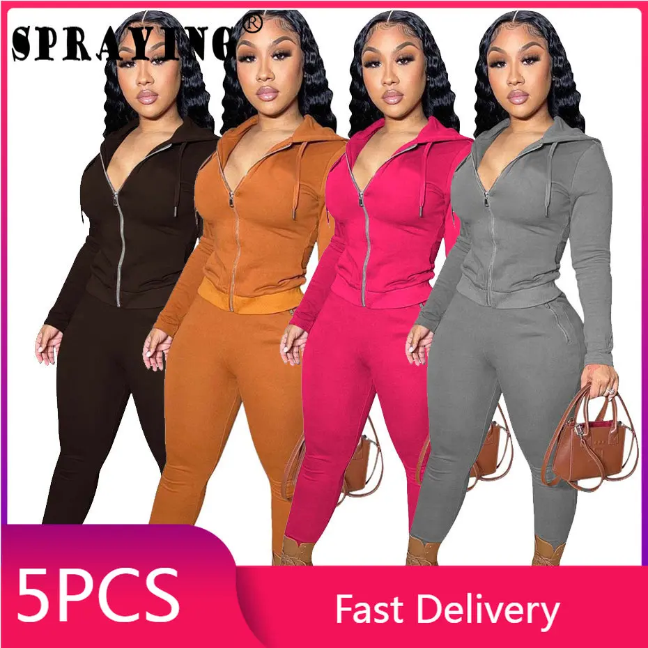 5Sets Bulk Wholesale Lots Transuits Women Casual Hooded Long Sleeve Crop  Coat + Cargo Pants Two Piece Set Autumn Activewear Suit