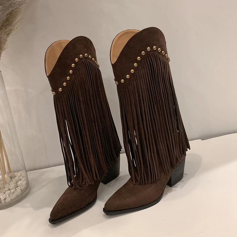 

Dropshipping Vintage Fringed Riveted Western Cowboy Boots Pointed Thick Heel Knight Boots Heightened and Thin Women's Mid Boots