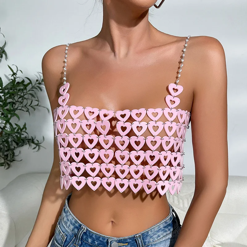 

Fashion Loving Heart Splice Bikini Top Sling Lingerie Chain Women Sexy Bra Chain Camisole Festival Outfit Y2K Nightclub Jewelry