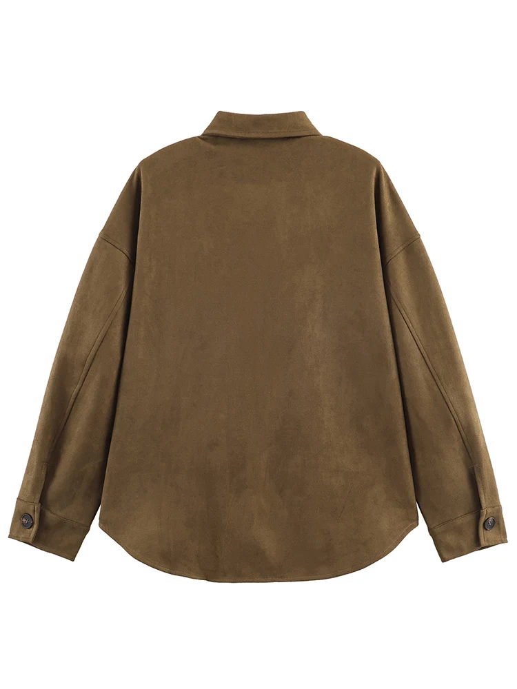 2026 Spring Autumn Women Single Breasted Oversized Suede Shirt Coats Casual Pocket Decoration Lapel Loose Jacket Female