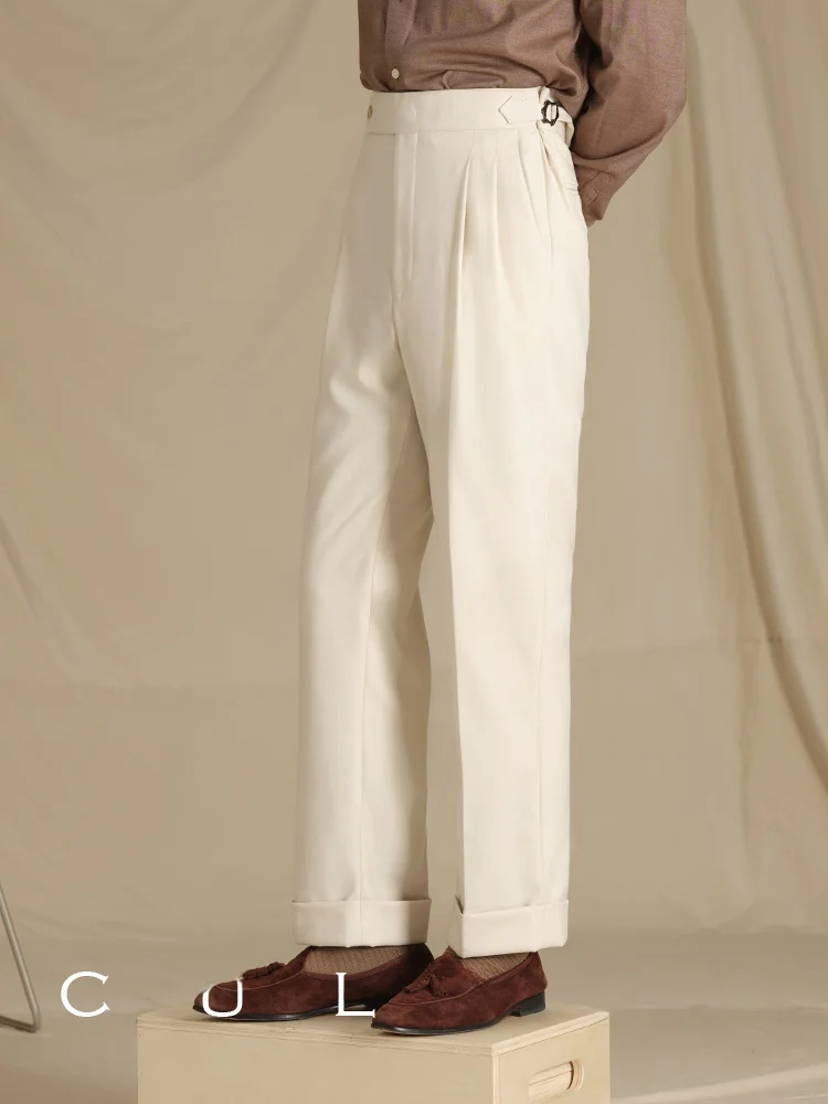 Cultum Italian Neapolitan High Waist Easy Care No Ironing Double Pleat High Quali Flannel Busin Casual Straight Leg Trou...