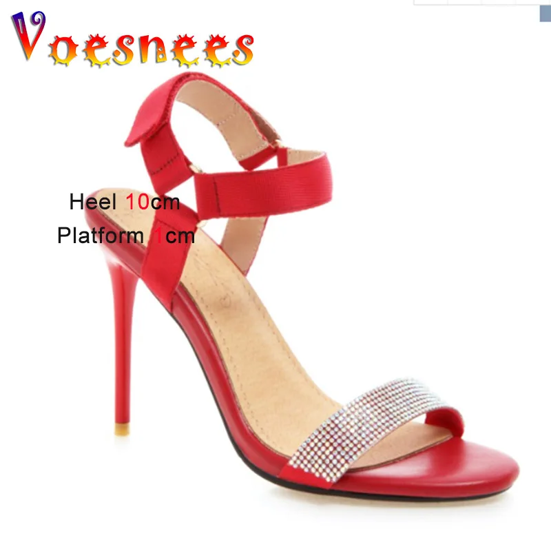

Voesnees Shiny Rhinestone Dress Sandals 10CM Summer Party High Heels Fashion Satin Women's Wedding Shoes Large Size Stilettos