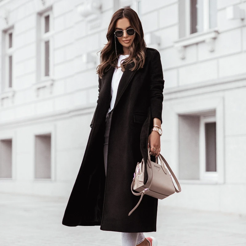 

Autumn and Winter 2021 New Women's Simple Long-sleeved V-neck Tie Woolen Coat Ol Commuter Fashion Temperament Woolen Coat Women