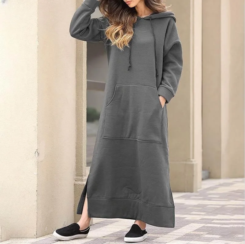 

2024 Spring Women's Long Dress Fleece Black Long Sleeve Oversize Dresses Female Winter Warm Sweatshirt Dresses Clothing Ladies