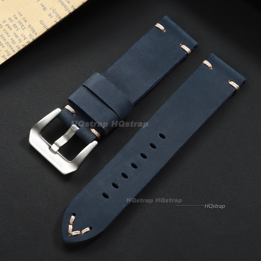 Vintage Crazy Horse Leather Handmade Watch Band with Stitching Details