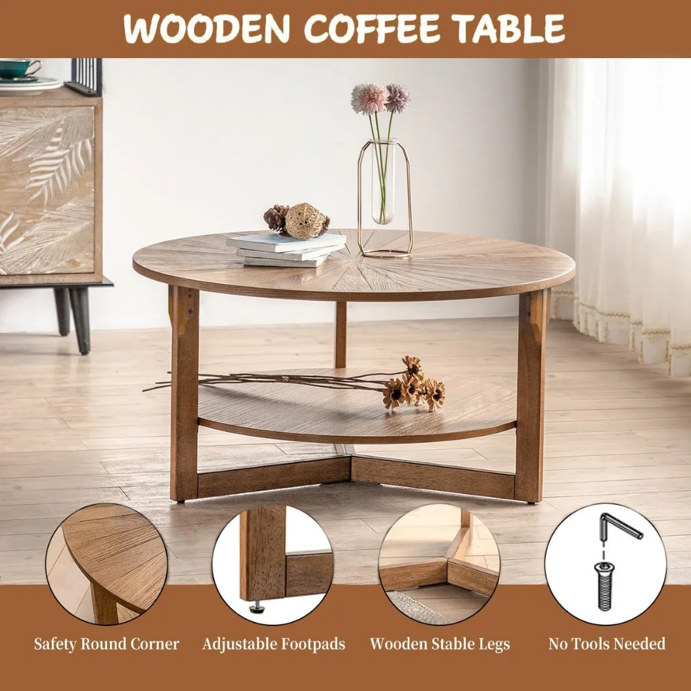 Wood Round Coffee Table for Living Room, 2 Tier Circle Coffee Table with Storage, Rustic Natural Coffee Table for Apartment, Eas 4
