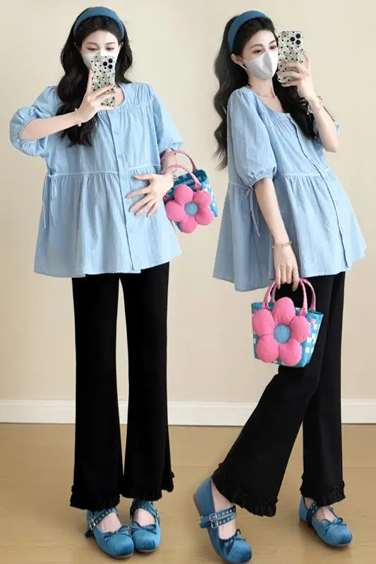 Y82320 출산 탑 트렌디 패션 엄마 짧은 소매 중공 탑 여성용 세련된 여름 새 도착 의류 임신 블라우스