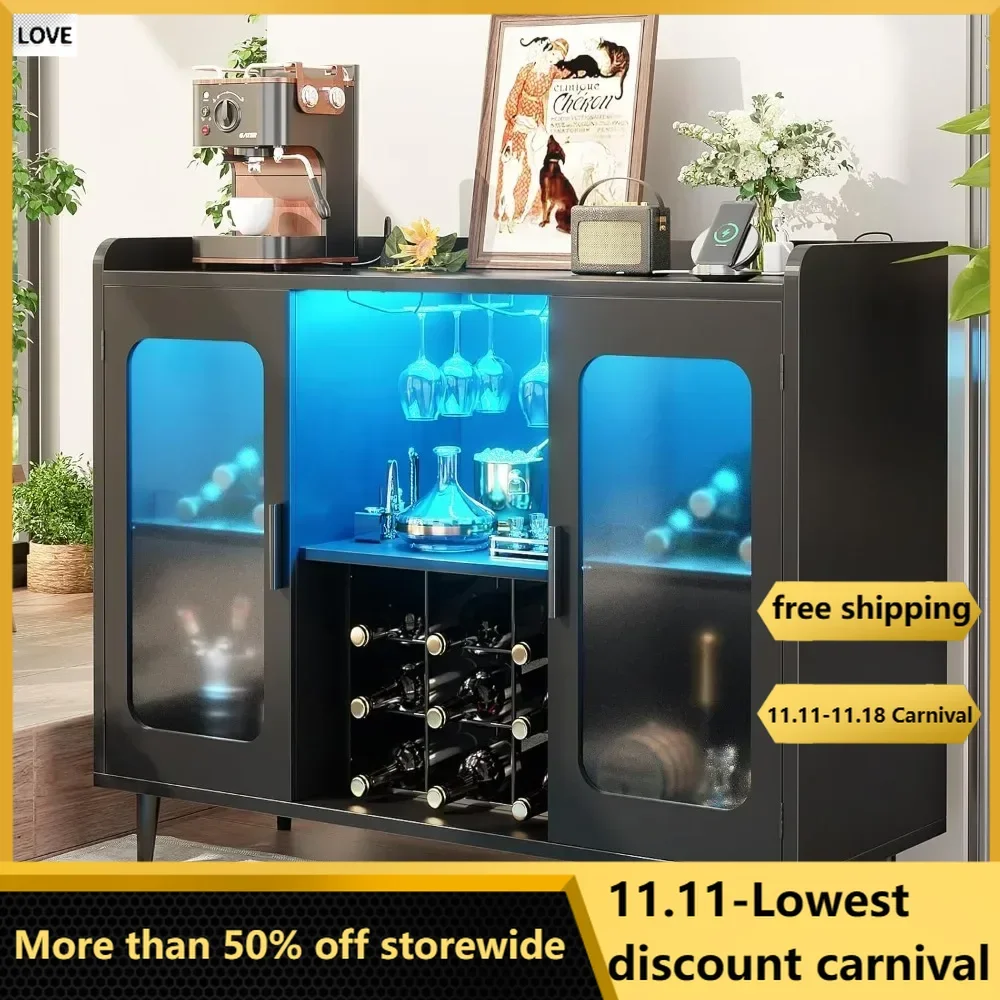 Bar Cabinet with Power Outlet, Liquor Cabinet Bar with LED Light and Glass Holder, Home Coffee Cabinets Furniture