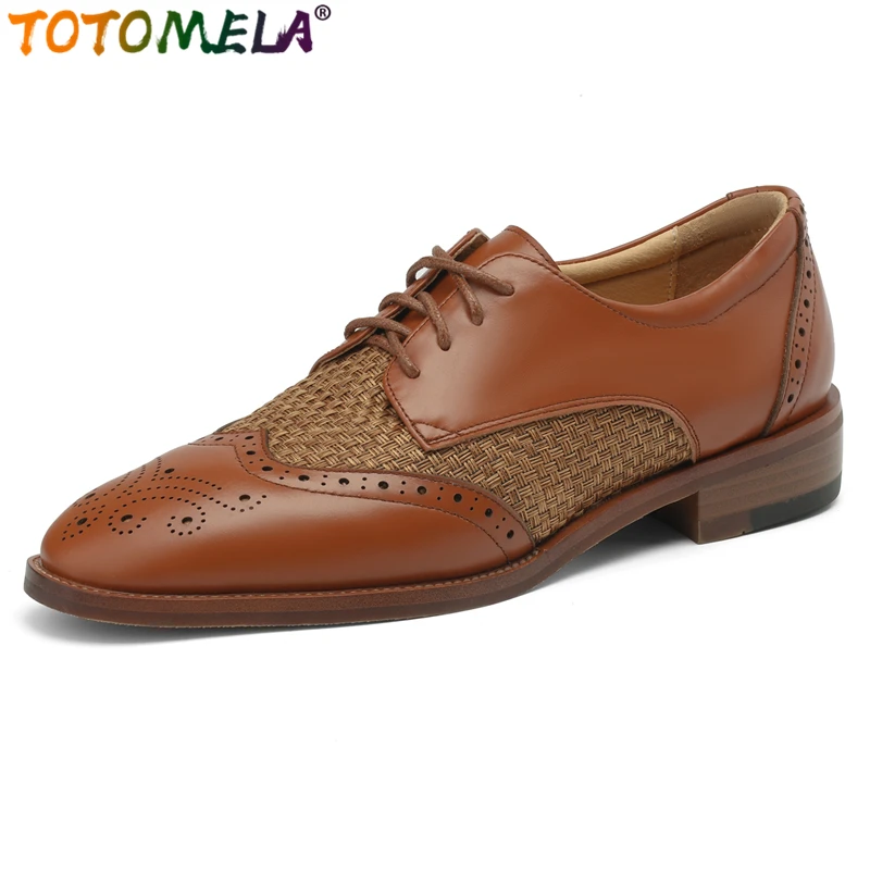 

TOTOMELA New Genuine Leather Shoes Women Pumps Low Heels Lace Up Hollow Spring Summer Oxfords Retro Ladies Office Dress Shoes