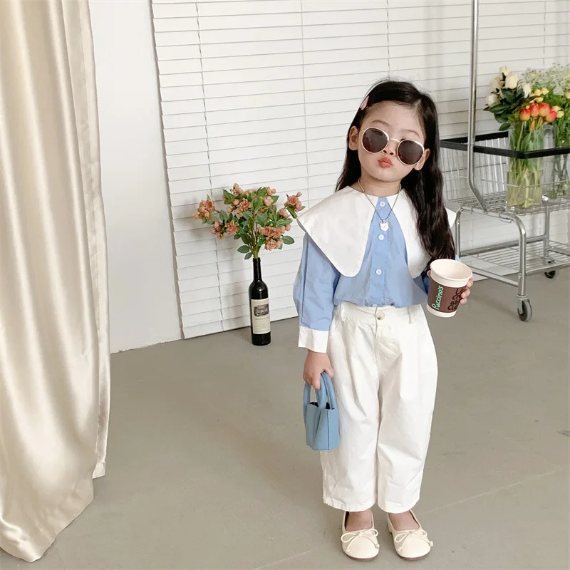 Shirt Top Cute Sweet Spring Autumn Korean Girl Contrast Color Lapel College Long Sleeve Leisure Active