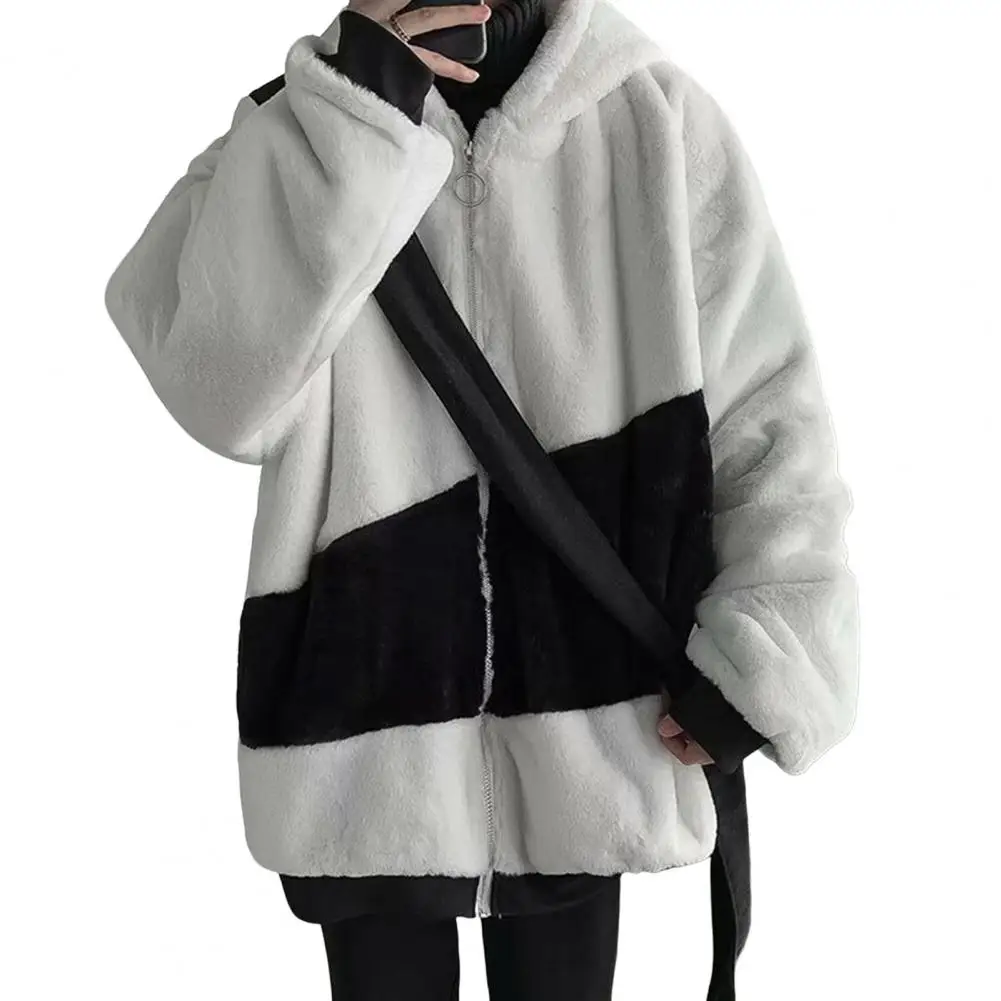 

Men Jacket Fleece Cardigan Contrast Color Plush Zipper Long Sleeve Loose Hip Hop Ribbed Cuff Teddy Bear Hoodie Sweatshirt Coat