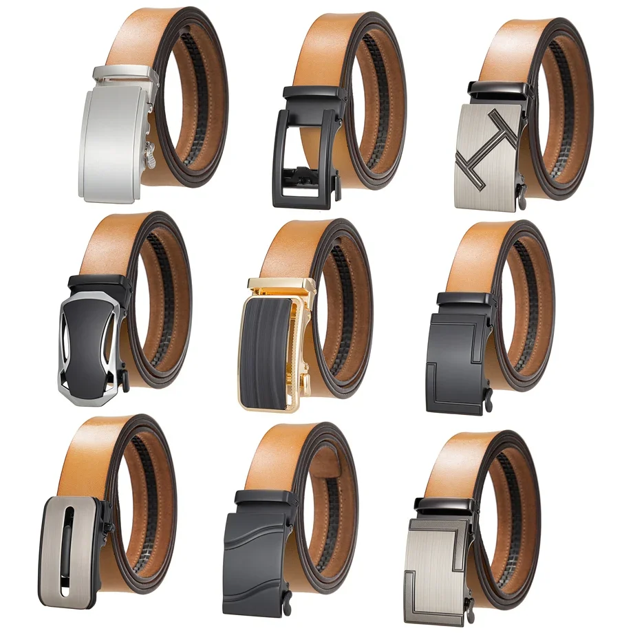 

Plyesxale 3.5cm Width Yellow Brown Genuine Leather Belt For Men Cowskin Male Strap Mens Dress Ratchet Belts High Quality B1289