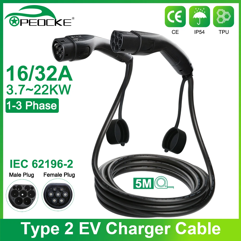 

EV Charger Cable 32A 22KW 3 Phase type 2 Electric Vehicle Cord 5M EVSE Female to Male Plug IEC62196 For Car Charging Station