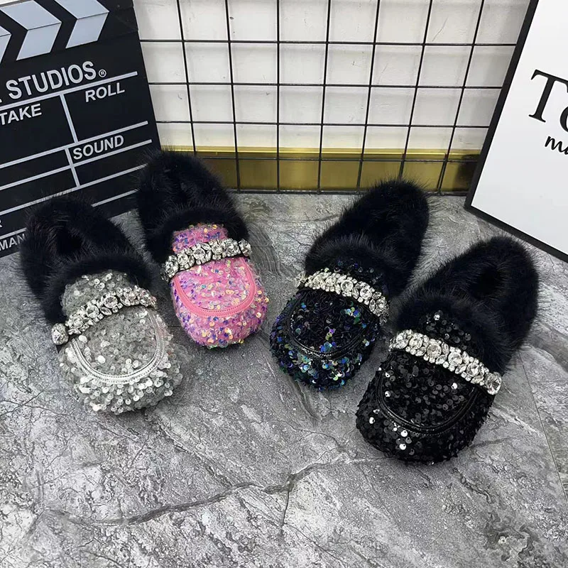 

Womens Round Toe Sequins Rhinestones Real Mink Fur Loafers Flats Slip On Warm Winter Snow Shoes Bling New 2024 New 2024