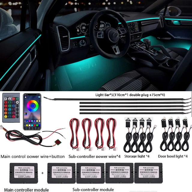 22 in 1 Auto Umgebungs licht 64 Farbe RGB 12V Armaturen brett LED-Streifen  Lichter RGB Auto Innen licht Bluetooth App-Steuerung mit Fernbedienung -  AliExpress