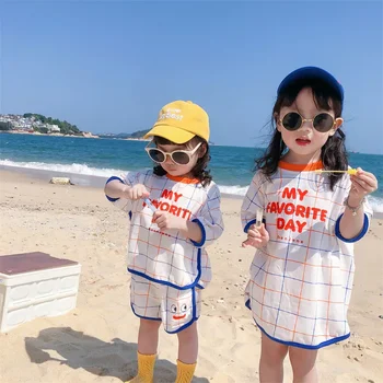 여름 형제 자매 룩 의류 세트, 코튼 풀오버, 격자 무늬 인쇄 글자 반바지 정장, 루즈 반팔 원피스, 유아 아동 복장