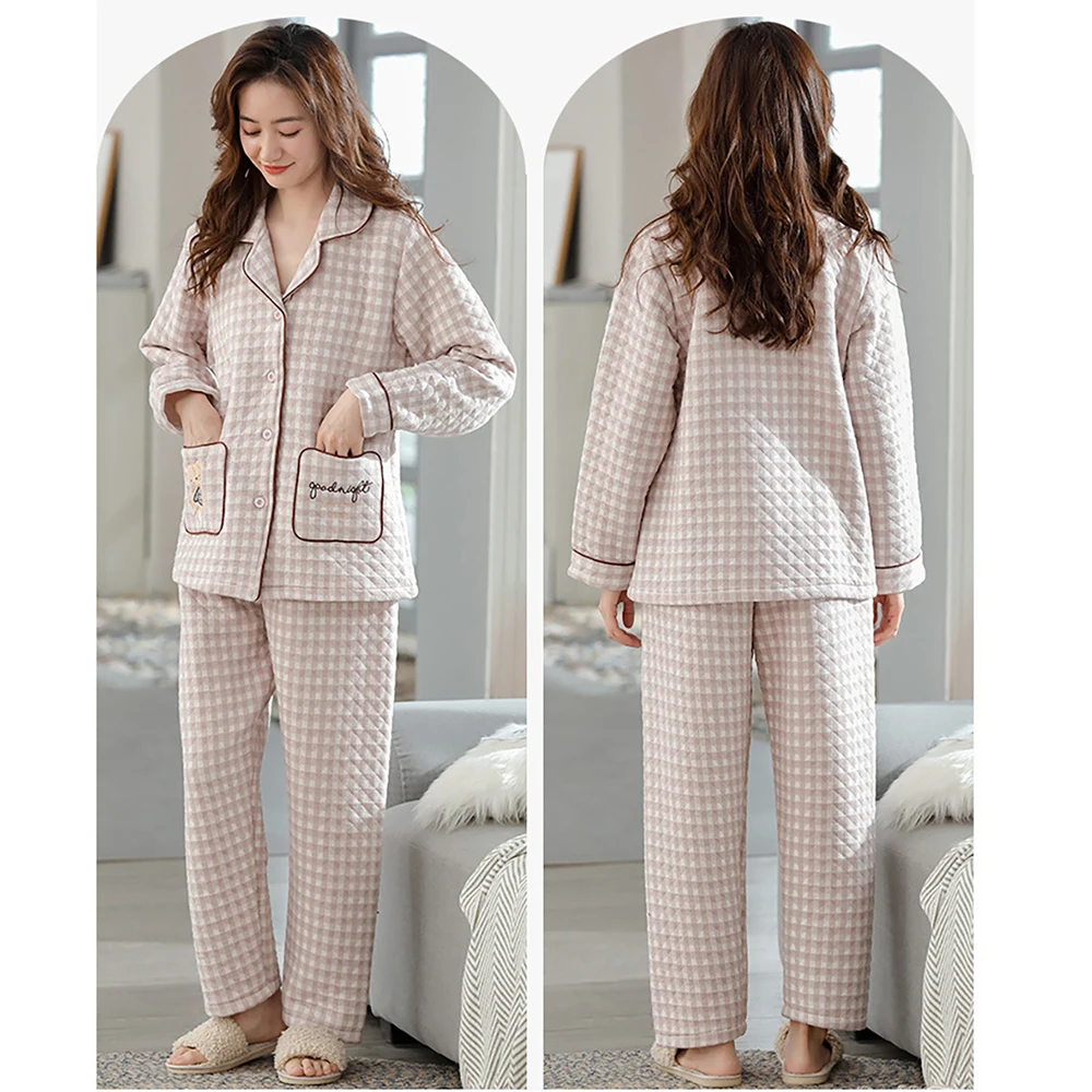 3-Layer Air Cotton Pajama Woman Winter Warm Pajamas Set Sweet Cartoon Rabbit Embroidery Sleepwear for Sleeping Soft pijama mujer